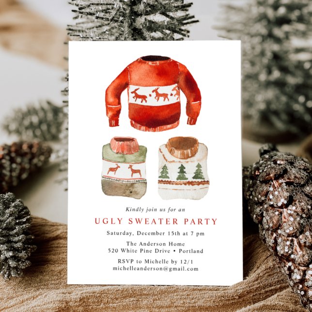 Invitation Fête de Noël au pull moche aquarelle (Créateur téléchargé)
