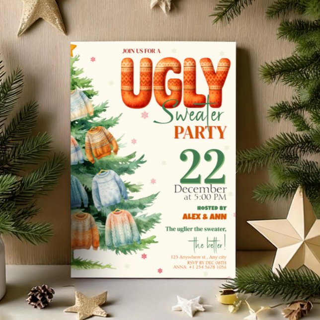Invitation Fête de Noël au pull moche, aquarelle cosy (Ugly Sweater Christmas Party Cozy Watercolor Invitation, Xmas Invite)