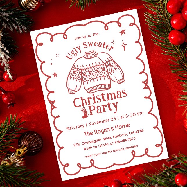 Invitation Fête de Noël au pull moche dessiné à la main  (Créateur téléchargé)