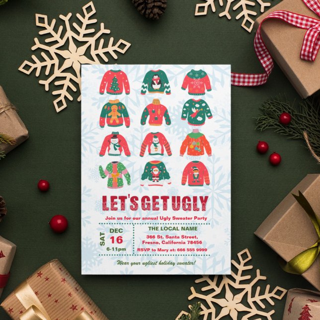 Invitation Fête de Noël au pull moche drôle (Lets get ugly, funny ugly sweater christmas party invitation)