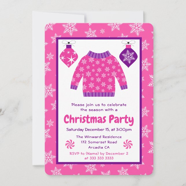 Invitation Fête de Noël au pull moche rose et violet (Devant)
