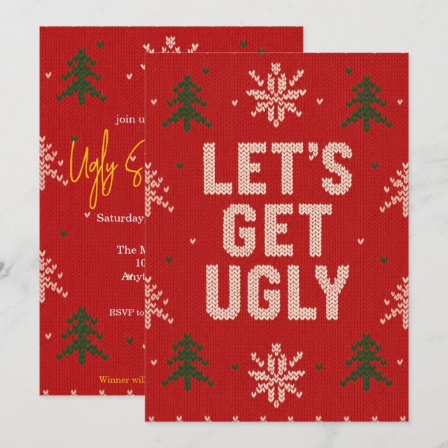 Invitation Fête de Noël au pull moche rouge et vert (Devant / Derrière)