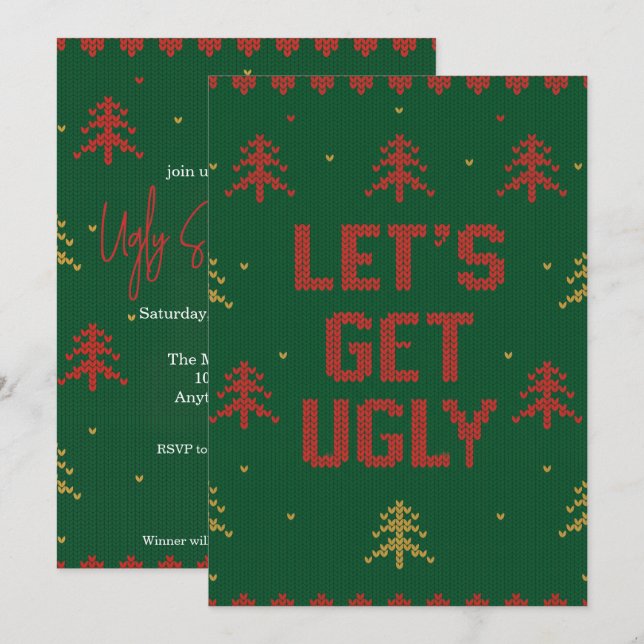 Invitation Fête de Noël au pull moche rouge et vert (Devant / Derrière)
