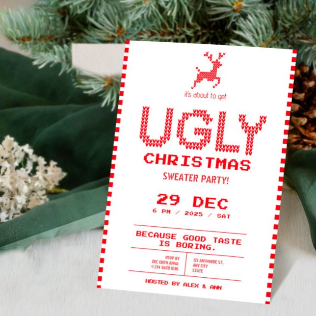 Invitation Fête de Noël au pull moche | Tricot Pixel drôle  (Ugly Sweater Christmas Party | Funny Pixel Knit Invitation | Tis The Season Invitation)
