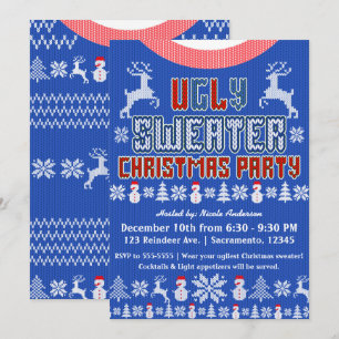 Invitation Fête de Noël au pull tricoté moche bleu blanc roug