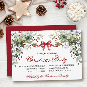 Invitation Fête de Noël au ruban rouge et verdure à l'aquarel