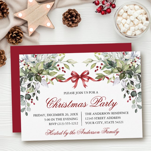 Invitation Fête de Noël au ruban rouge et verdure à l'aquarel (Customize to change text size, color, style or to change color of back of card.)