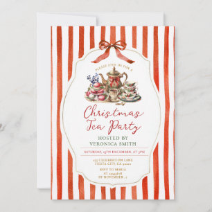 Invitation Fête de Noël au thé ruban rouge rayures Vintage