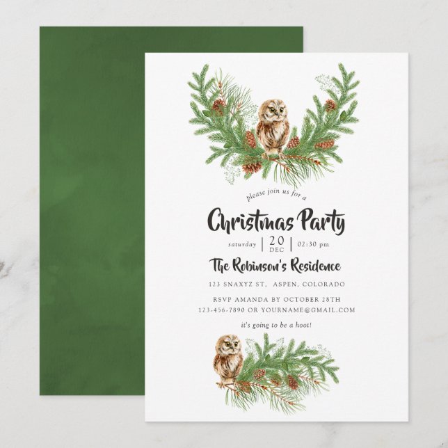 Invitation Fête de Noël au thème de chouette à l'aquarelle (Devant / Derrière)