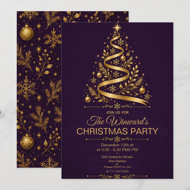 Invitation Fête de Noël au thème or et violet (Devant / Derrière)
