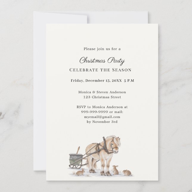 Invitation Fête de Noël au traîneau à cheval rustique (Devant)