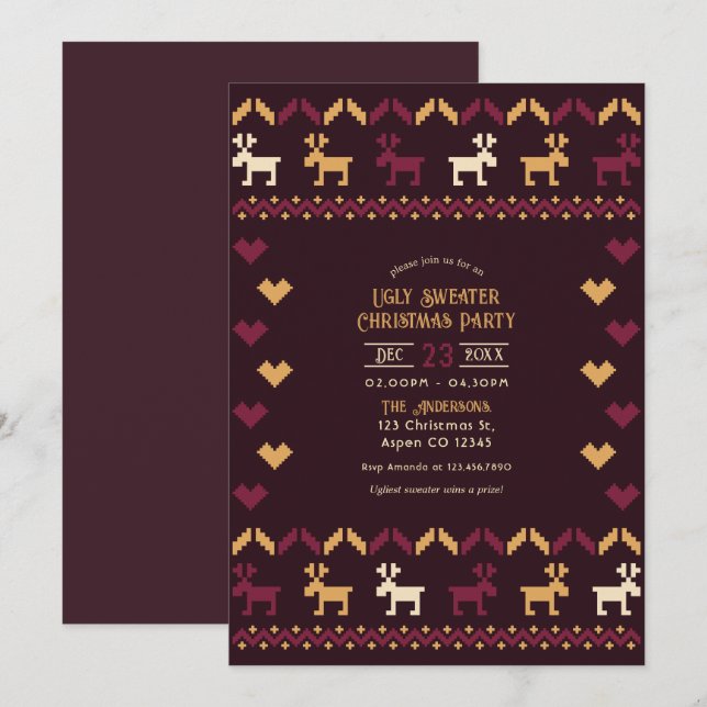 Invitation Fête de Noël au vin chaud et pull moche doré (Devant / Derrière)