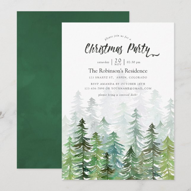 Invitation Fête de Noël aux arbres de pin aquarelle (Devant / Derrière)