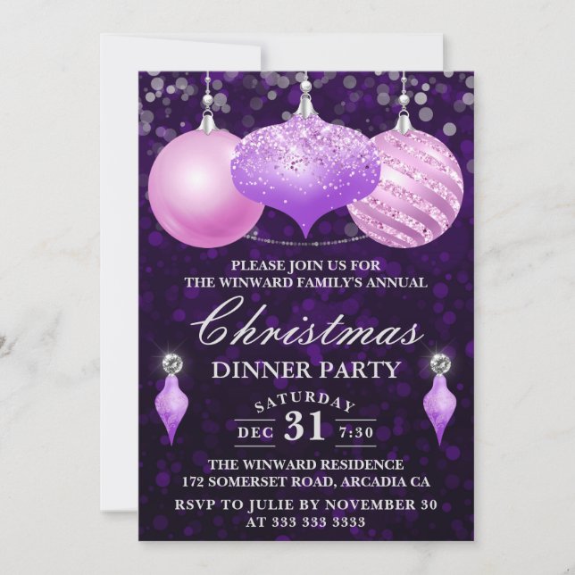Invitation Fête de Noël aux Baubles Roses et Violettes (Devant)