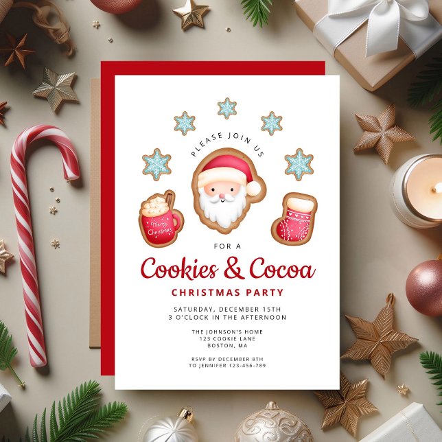 Invitation Fête de Noël aux biscuits et au cacao avec un Père (Cute Santa Cookies & Cocoa Christmas Party Invitation)