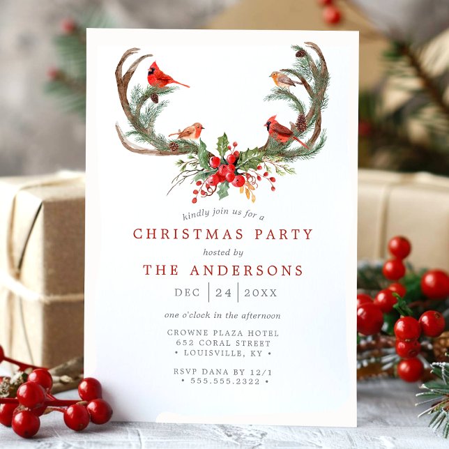 Invitation Fête de Noël aux bois de cerf et oiseaux cardinaux (Créateur téléchargé)