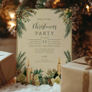 Invitation Fête de Noël aux chandelles à feuillage persistant