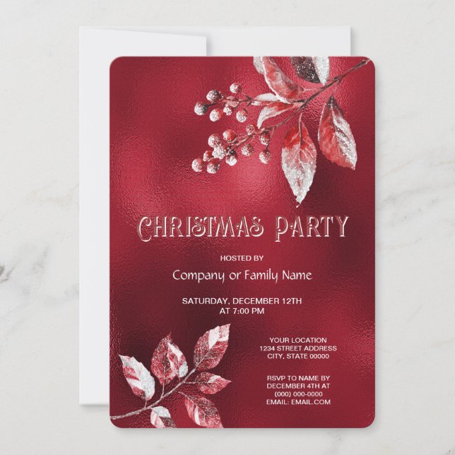 Invitation Fête de Noël aux feuilles rouges enneigées (Devant)
