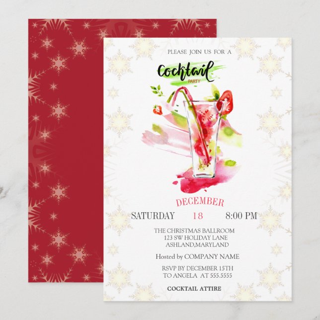 Invitation Fête de Noël aux flocons de cocktail (Devant / Derrière)