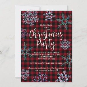 Invitation Fête de Noël aux flocons de neige à carreaux rouge