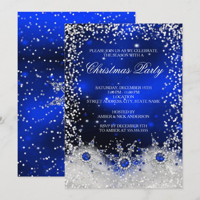 Invitation Fête de Noël aux flocons de neige bleus (Devant / Derrière)