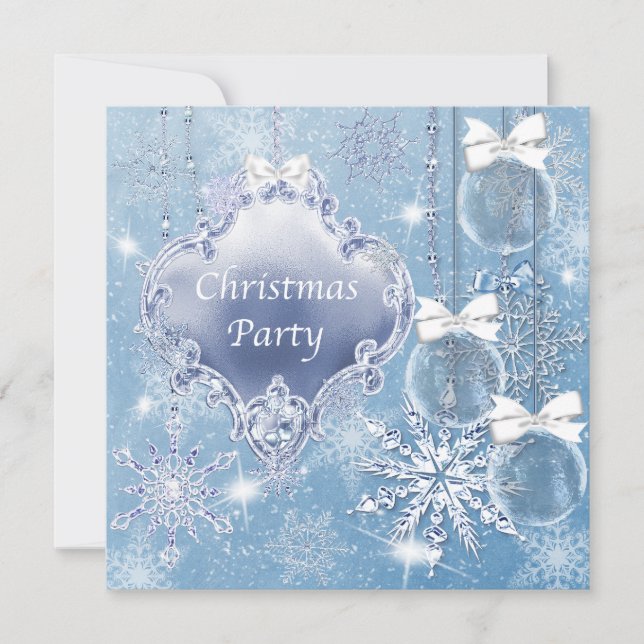 Invitation Fête de Noël aux flocons de neige bleus blancs (Devant)