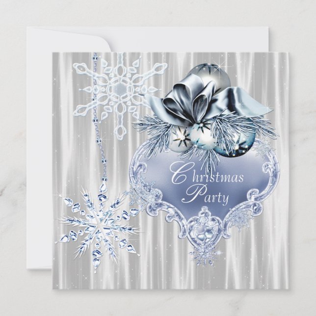 Invitation Fête de Noël aux flocons de neige bleus blancs (Devant)