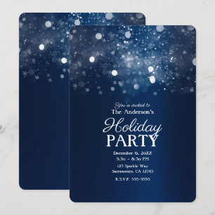 Invitation Fête de Noël aux Lumières Étincelantes Bleu Argent