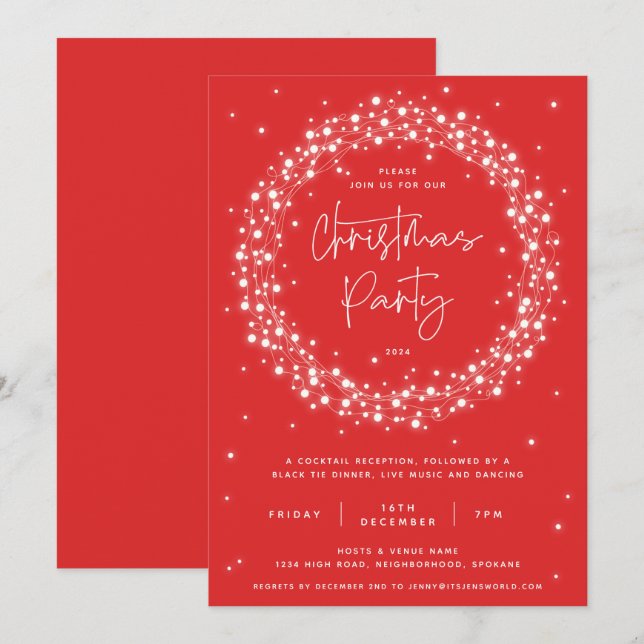 Invitation Fête de Noël aux lumières scintillantes rouges mod (Devant / Derrière)