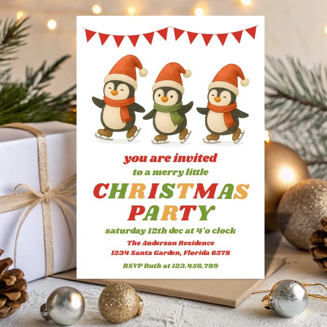 Invitation Fête de Noël aux Manchots Rétro Éditable (Créateur téléchargé)