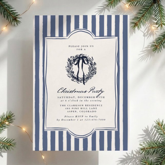 Invitation Fête de Noël aux rayures bleues inspirée du rétro  (Créateur téléchargé)