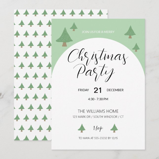 Invitation Fête de Noël avec arbre illustré (Devant / Derrière)