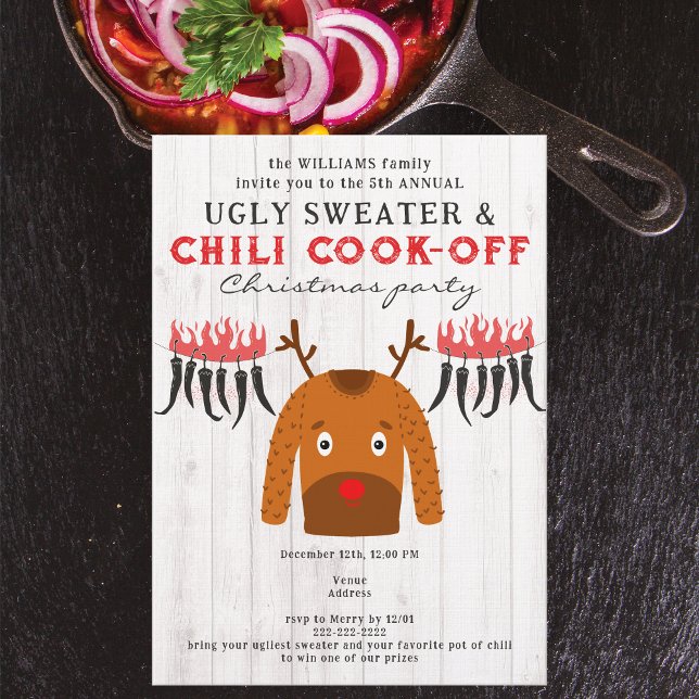 Invitation Fête de Noël avec concours de pulls moches et de c (Ugly Sweater & Chili Cook Off Christmas Family Corporate BBQ Contest Party Invitation)