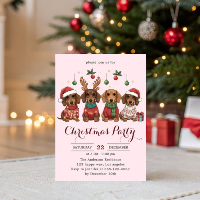 Invitation Fête de Noël avec de mignons chiens Dachshund  (Créateur téléchargé)