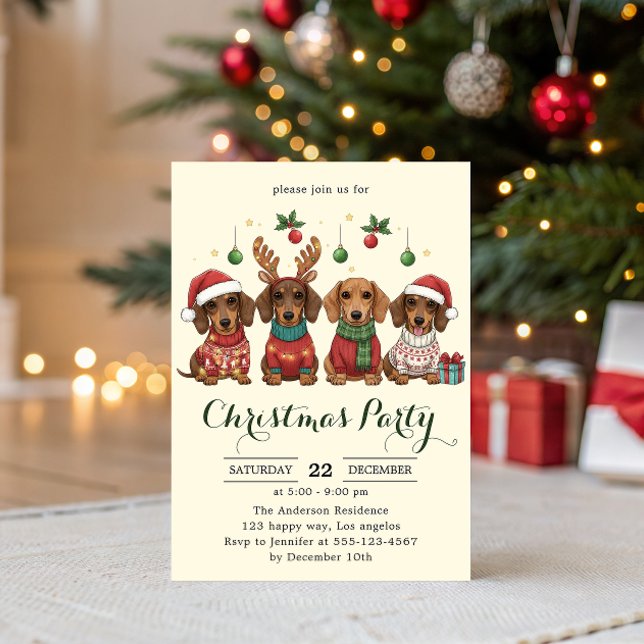 Invitation Fête de Noël avec de mignons chiens Dachshund  (Créateur téléchargé)
