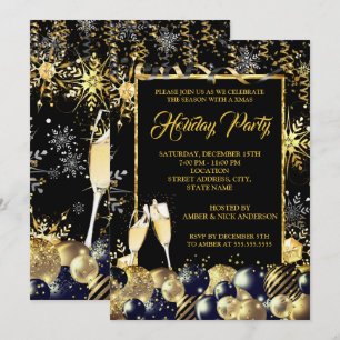 Invitation Fête de Noël avec flocons de neige or noir