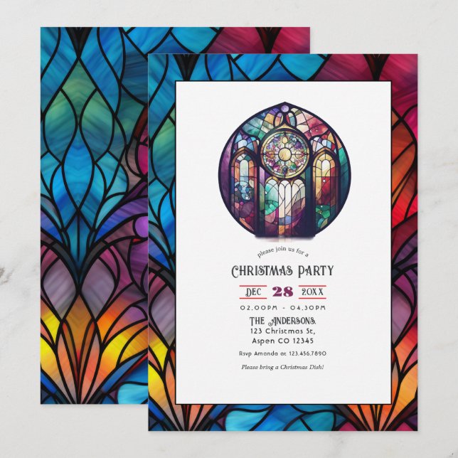 Invitation Fête de Noël avec Rosace de Vitrail (Devant / Derrière)