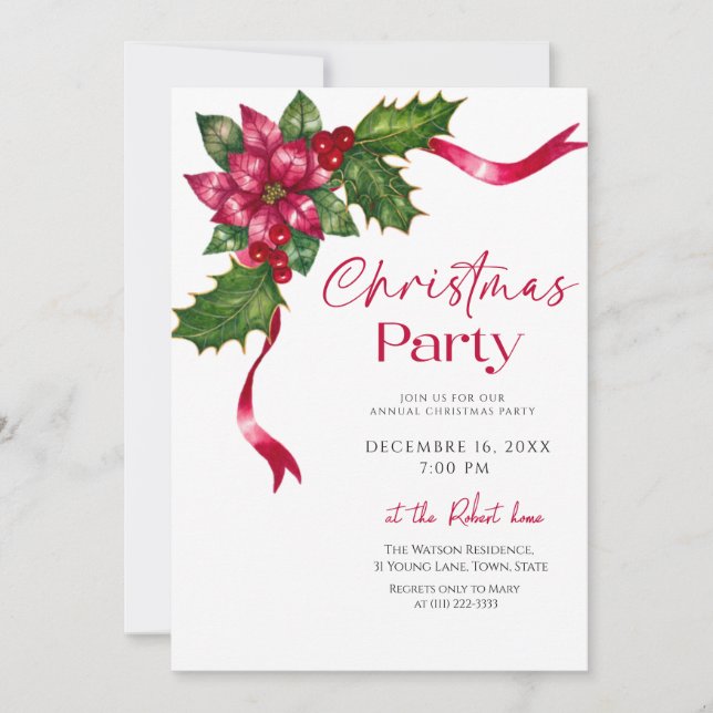 Invitation Fête de Noël avec ruban floral (Devant)