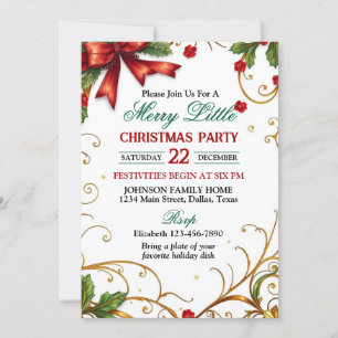 Invitation Fête de Noël avec ruban rouge et bordure dorée orn