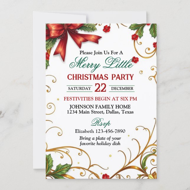 Invitation Fête de Noël avec ruban rouge et bordure dorée orn (Devant)