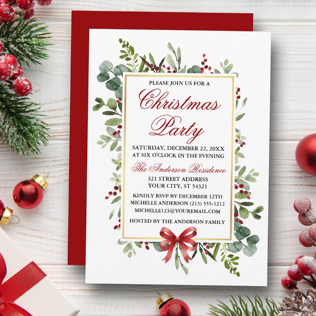 Invitation Fête de Noël avec ruban rouge et verdure à l'aquar (Customize to change color of back of card.)