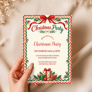 Invitation Fête de Noël avec Ruban Rouge Ondulé