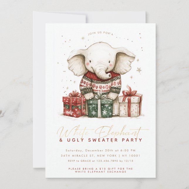 Invitation Fête de Noël avec Sweater Laid et Eléphant Blanc (Devant)