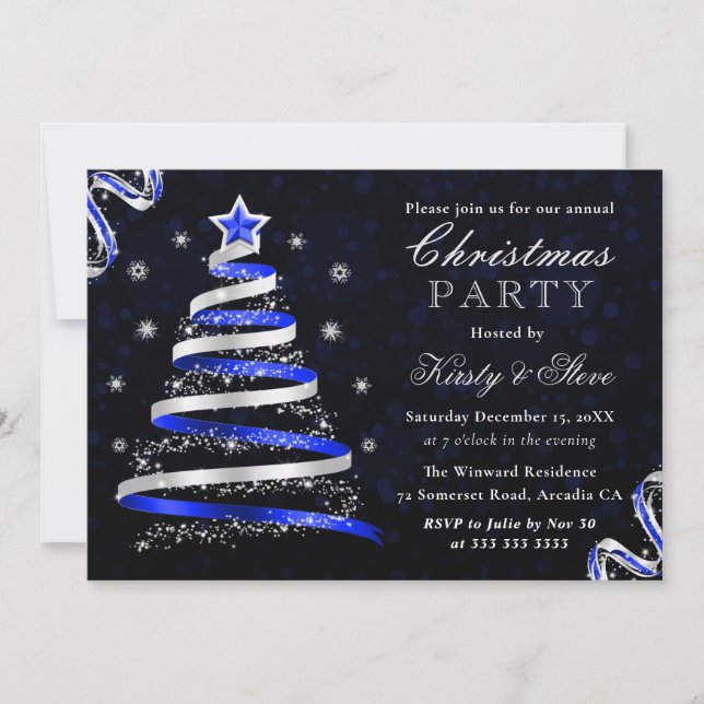 Invitation Fête de Noël avec un arbre à ruban bleu et argent (Devant)