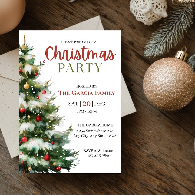 Invitation Fête de Noël avec un Arbre de Noël à l'Aquarelle (Créateur téléchargé)