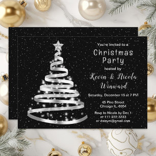 Invitation Fête de Noël avec un arbre en ruban argenté et noi