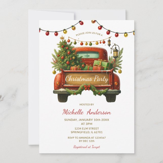 Invitation Fête de Noël avec un camion rouge rustique et un a (Devant)