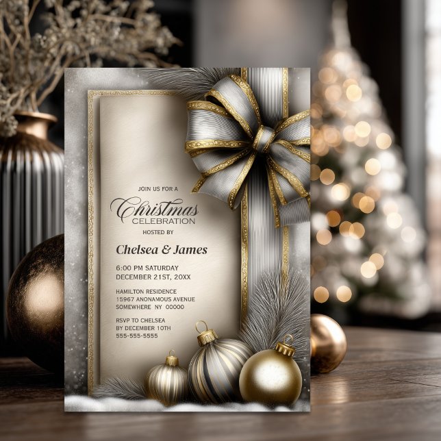 Invitation Fête de Noël avec un Nœud en Or et Argent de Style (Créateur téléchargé)