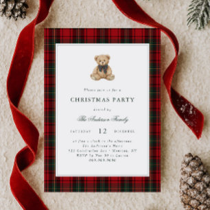 Invitation Fête de Noël avec un ours en peluche à carreaux ro