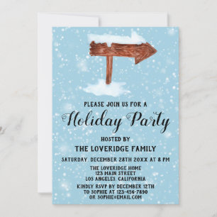 Invitation Fête de Noël avec un panneau en bois et de la neig